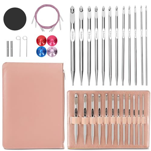 Tunesische Häkelnadel mit Kabel, Häkelnadeln Set Ergonomisches 26-teiliges Set Häkel-Set für Anfänger, vernickelte Aluminium-Häkelnadeln, für Anfänger, mit Aufbewahrungstasche, 3mm-10mm (Rosa)