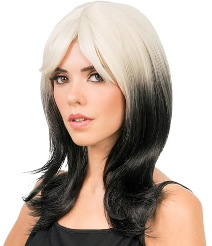 Chaks - Damen Perücke 48 cm, Langhaarperücke mit Pony | Synthetisches Haar mit zweifarbigem Design, Karneval, Cosplay und Festival Zubehör
