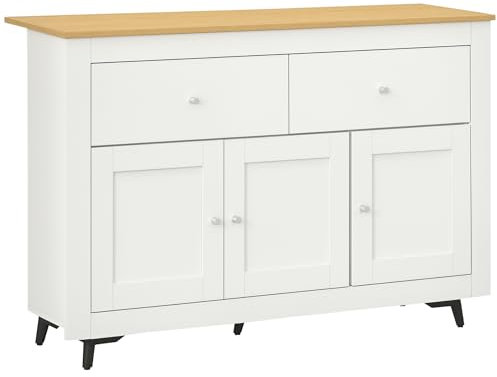 HOMCOM Buffet Cuisine, Meuble de Rangement avec 2 tiroirs 3 Portes, Style Moderne, pour Cuisine, Salle à Manger, Salon, 117 x 35 x 80 cm, Blanc