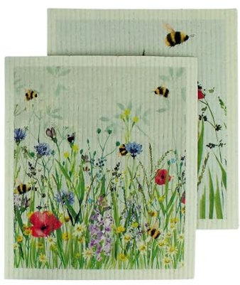 Eddingtons Bees Patterned Plant-Based Cleaning Cloths Set - Pack of 2 Bumblebee Eco-Friendly National Trust Nature Collection Kitchen Linens - Biodegradable & Plastic Free Cloths
