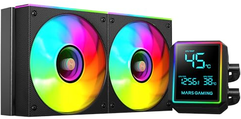 Mars Gaming ML-LCDPRO240 AIO Flüssigkeitskühlung 500W TDP, 2,8 Multimonitor LCD-Bildschirm, 4. Gen Opti-Chamber Pumpe mit Kupferbasis, 2× 120 mm ARGB Infinity Mirror Lüfter, Schwarz