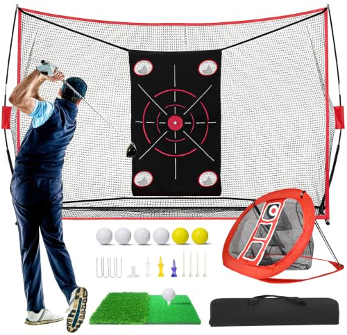 KRYZENTA Golf Net, 10x7ft Practice Net with Chipping Nets, Gifts for Golfer | Golf Hitting Aid Nets for Backyard Training with Chipping Nets, Foldable Mat, Silk Target, 8 Tees, 6 Balls, Carry Bag