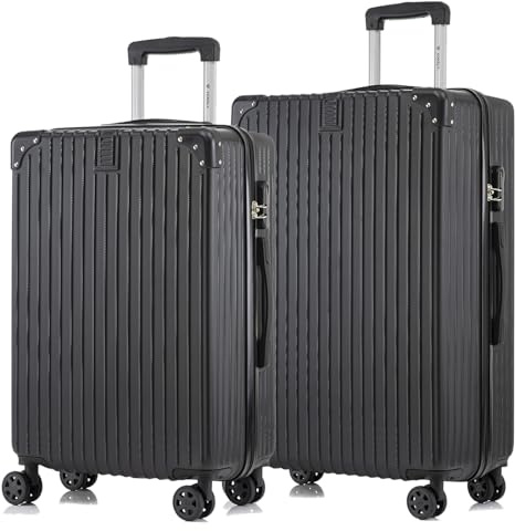 YONSLY Trolley Reisekoffer Suitcase Set, Rollkoffer Handgepäck, Kofferset, Gepäckset Hartschalenreisekoffer mit 4 Rollen 360°, Zahlenschloss, Weicher Gummigriff (2er Set, L&XL, Schwarz)