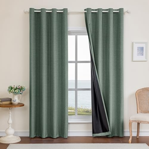 Ystyle 100% Cortinas Opacas 2 Piezas, 117x137cm, Lino Cortinas Dormitorio con Ojales Anti Luz Cortina Termica Aislantes Frio y Calor para Salon, Verde Botella