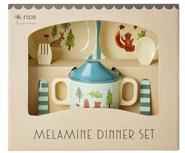 Rice Baby Geschirrset Geschenkbox - Teller mit 4er-Einteilung, Trinkbecher mit Henkeln, Besteck (Löffel und Gabel) - blau - Happy Forest Print, Melamin BPA-Frei