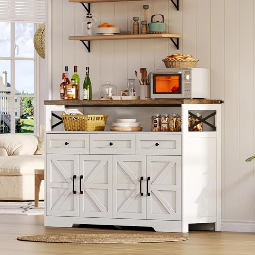 LFGUIZO Sideboard, Küchenschrank mit 3 Schubladen & 4 Türen, Buffetschrank mit Arbeitsplatte & Offene Regale, Kaffeebar im Landhausstil für Wohnzimmer, Küche, Esszimmer, 140 x 35 x 95 cm, Weiß