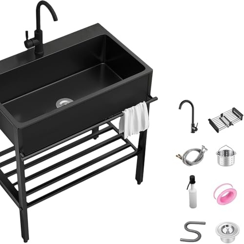 Edelstahl-spüle, Freistehendes Schwarzes Waschküchenwaschbecken, Hochleistungs-handwaschbecken, Gewerbliches Küchenwaschbecken 1 Fach Mit Wasserhahn, Zum Baden Von Hunden, Garage, Black, 55x45x86cm