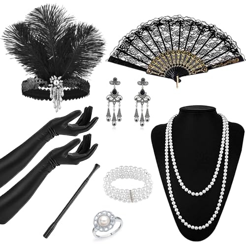 Beamely 1920s Flapper Accessories Set, Great Gatsby Accessories Set Roaring 20's Theme Outfit with Headpiece 20s Vintage Accessories for Women Ladies