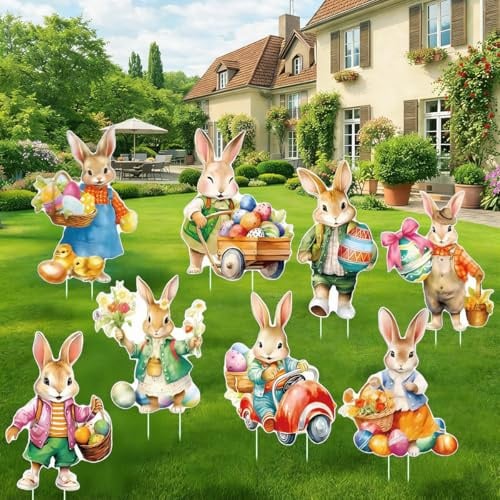 Osterdeko Outdoor Gartenstecker Ostern Deko Wetterfest - 8 Osterhasen Figuren Groß Für Gartendeko Draußen, Osterhase Deko Mit 16 Steckern, Wiederverwendbare Osterdekoration Für Garten Und Einfahrt