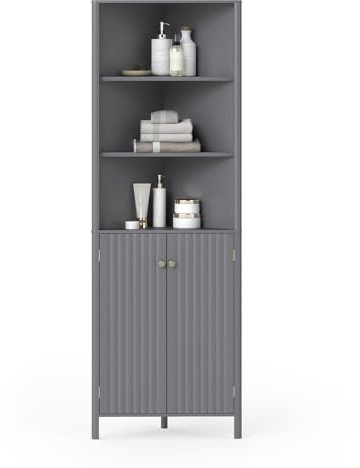 COSTWAY Corner Bathroom Tall Cabinet, Freestanding Slim Bathroom Storage Unit with 2 Fluted Doors & Open/Adjustable Shelves, 172cm High Wooden Narrow Floor Cupboard for Living Room Kitchen (Grey)