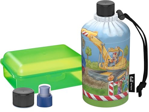 Emil Glas Trinkflasche Starterset 0,3l Bagger – mit Brotbox & 3 Verschlüsse, isolierte Kinderflasche für Kita, Kindergarten & Schulstart, schadstofffrei