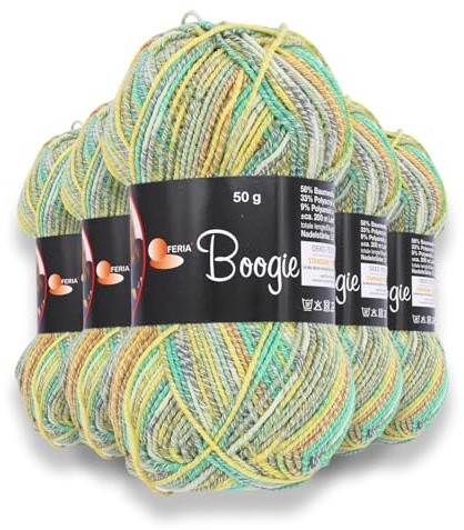 Feria® 5x50g Boogie Sommer Sockengarn – Baumwoll‑Sockenwolle – Strickgarn für Socken – OEKO‑TEX (Gelb)