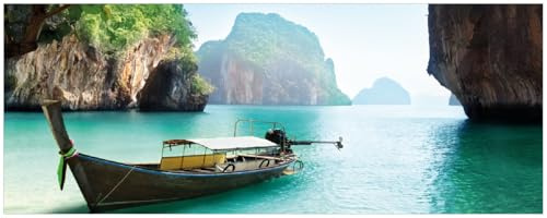 Wallario Memoboard aus Glas mit Motiv, Magnet-Tafel in 32 x 80 cm in Premium Qualität Fischerboot in Thailand blaues Meer und Steinfelsen