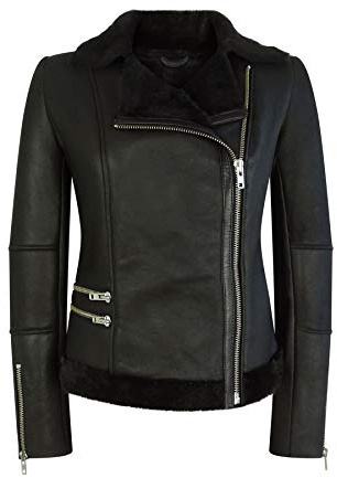 Infinity Giacca Vero Montone Morino da Donna Corta Aderente con Zip Nera Chiodo Nero
