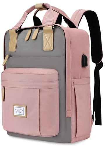 Kasgo Rucksack Damen, Wasserabweisend Schulrucksack Mädchen Teenager 15.6 Zoll Laptop Vintage Rucksack mit USB-Ladeanschluss Casual Daypack für Hochschule Reise Arbeit Schulranzen(Rosa und Grau)