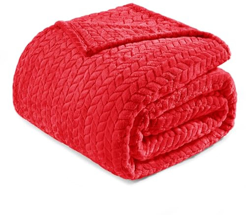 Exclusivo Mezcla Kuscheldecke Flanell-Fleecedecke mit Blättermuster, 230 x 170 cm Sofadecke für Ganzjahreszeit, Flauschig und Warm, Rot
