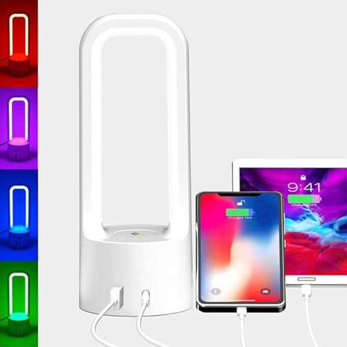 3 Way Dimmable Touch Bedside Table Lamp with RGB Light & USB/Type C Charging Ports - Eye Protection Lamp for Bedroom/Living Room - Free Replacement