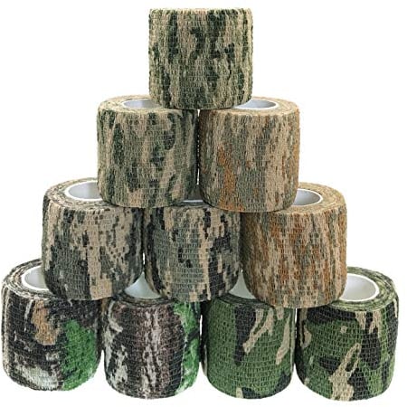 JZK 10 Rollen selbstklebende Tarnbandage, Vliesstoff, elastisches Stealth-Tarnband, dehnbares kohäsives Tarnband, Tarnfarben für Jagdausrüstung, Gewehr, SLR-Kameraobjektiv, Schrotflinte, Teleskop