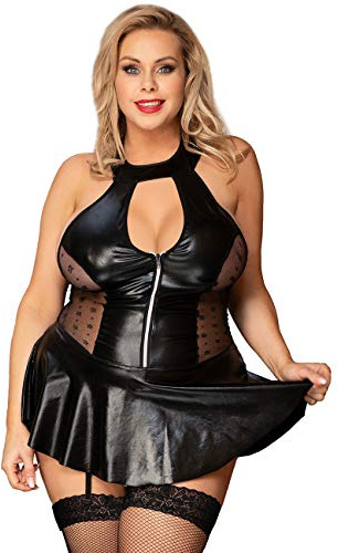 ohyeahlady Lederkleid Damen Sexy Große Größen Babydoll Strapsen Dessous Damen Sexy Unterwäsche Curvy Erotisch Catsuit Mollige Frauen Negligee Wetlook Reizwäsche Cosplay Kostüm Clubwear Schwarz,L