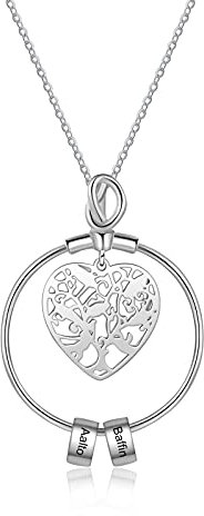 Giftider Collier Nom Personnalisé pour Femme Argent Pendentif Arbre de Vie avec Gravure du Nom 1-5 Mère Fille BFF Cadeau pour la Fête des Mères Valentine Noël (2 Nom)