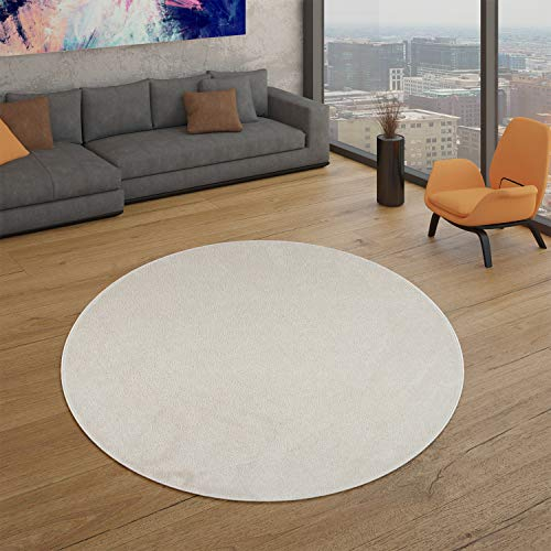TT Home Wohnzimmer Teppich Kurzflor Unifarbendes Design Modern Und Zeitlos, Farbe: Creme, Größe:Ø 120 cm Rund