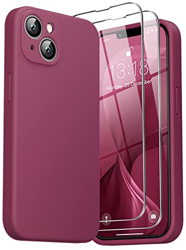 GOODVISH 3 in 1 Cover in Silicone per iPhone 14 6,1'' (2022), con 2 Pezzi di Pellicola Protettiva, Custodia per Cellulare Ultra Sottile Antiurto Resistente Protezione Fotocamera, Vino Rosso