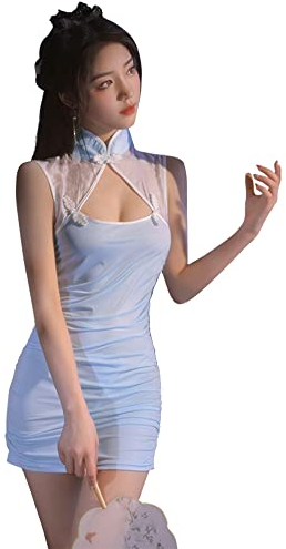 Temptshow Damen Sexy Chinesischer Stil Perspektive Dessous Cosplay Frauen bestickt Hanfu Kleid (hellblau)