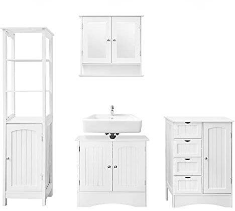ML-Design Badmöbel-Set 4-teilig, Badezimmer Komplettset, Spiegelschrank, Waschtisch mit Unterschrank, Hochschrank, Hängeschrank, Badezimmerschrank, Badschrank, Landhausstil, Weiß, Holz, viel Stauraum