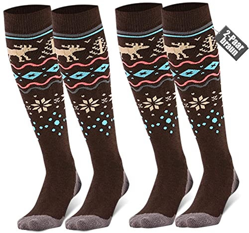 Skisocken Herren Damen Kinder skistrümpfe 2 Paar 35-39 39-42 Merino wolle Performance Sportsocken Warme WintersockenThermosocken Skifahren Snowboard Atmungsaktive Elastische Manschette Braun, M