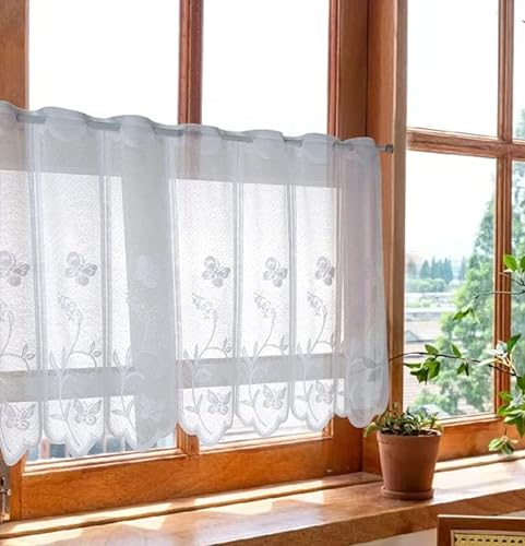 Devola Rideau brise-bise en jacquard transparent avec panneaux floraux, style maison de campagne, bistrot, blanc, avec œillets, court, avec bord incurvé l x H, 120 x 45 cm, 1 pièce