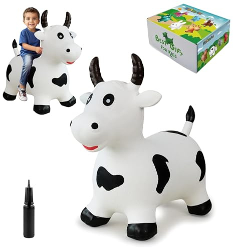 HotMax Bouncy Cow Hopping Horse Toys, Inflatable Bouncing Animal Hopper for Toddlers or Kids, Ride on Jumping Farm Toys for Boy or Girl Birthday Gift 2 3 4 Year Old (White Cow)
