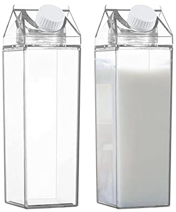 Transparente Milchkarton Wasserflasche, 2 1000ml Milchbox Wiederverwendbar, Saftflasche Milchflasche aus Kunststoff, Limonade Saft Getränk Eistee Flasche Milchbehälter für Kühlschrank Camping Reise