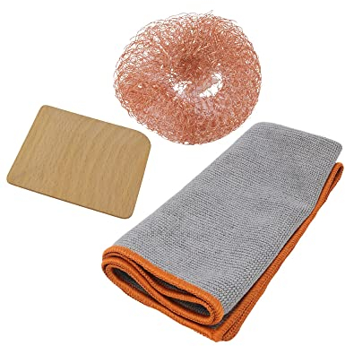 Reinigungsset für Gusspfanne, Plancha, Dutch Oven für eine schonende Reinigung bestehend aus Schaber Kupferschwamm, Microfasertuch