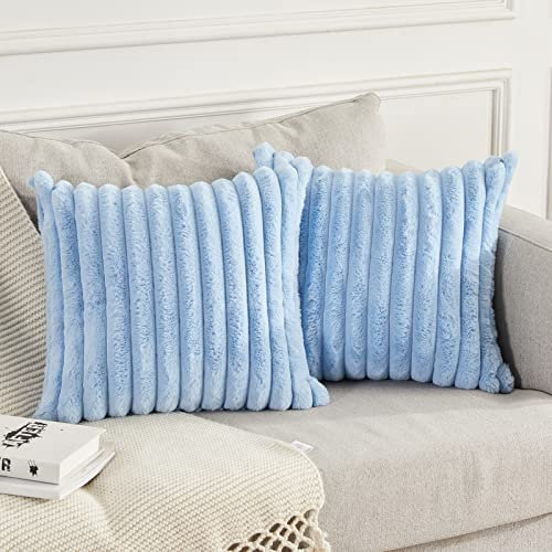 Joyouth 2er Set Doppelseitige Plüsch Samt Kissenbezüge Weiche Künstliche Pelz Kissenbezüge Dekorativ für Couch Sofa Schlafzimmer Wohnzimmer Zuhause 50x50 cm Blau