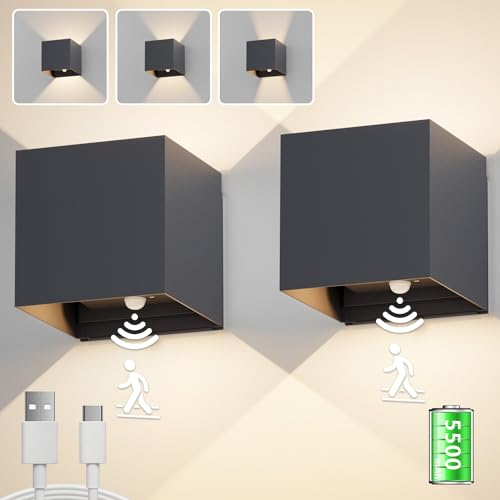 Aipsun 2 Stück Kabellos akku wandleuchte mit bewegungsmelder, 5500mAh Wandlicht Up and Down Innen LED Wandleuchte, 5W, Aluminium, 3000K warmweiß, Geeignet für Flure und Treppen (Anthrazit)