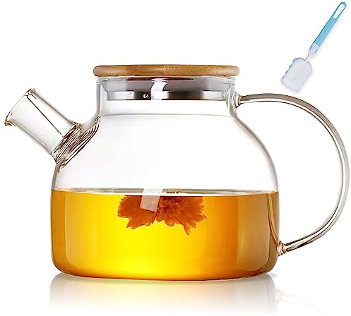 Tetera con colador, 1000 ml, tetera de cristal con tapa de madera, resistente al calor, tetera de borosilicato con filtro extraíble, diseño moderno y elegante para té, té de flores y zumo