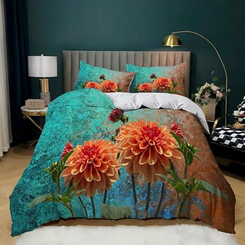 Orange Bettwäsche 140x200cm 3 Teiliges Set 3D Effekt Kinderbettwäsche Kuschel Mikrofaser Bettbezug Dahlie mit Reißverschluss Deckenbezug für Jungen Mädchen mit 2 Kissenbezug 80x80cm