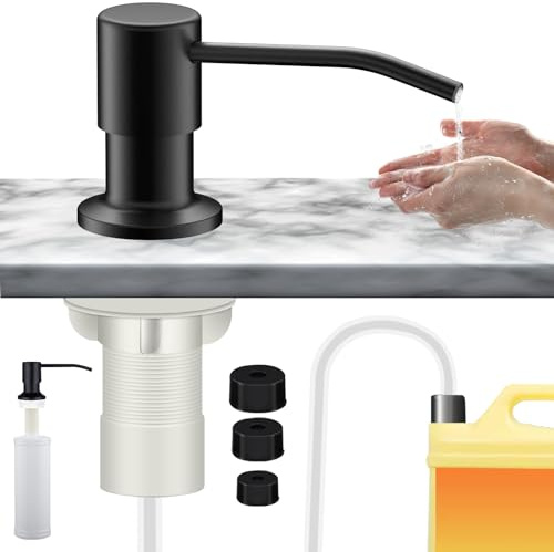 Distributeur de savon de cuisine encastrable - Distributeur de liquide vaisselle pour évier - Avec pompe rotative à 360° - 300 ml - Bouteille de 330 ml - Tuyau d'extension de 1 m - Noir