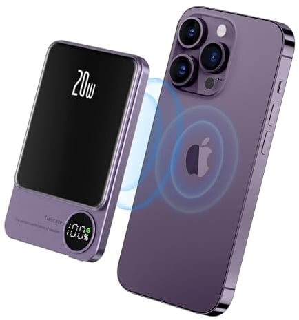 HUOBAO Magnetic Power Bank for Magsafe,5000mAh PD 20W Fast Charging Powerbank QC 15W Wireless Magnetic Portable Charger,Slim External Battery Pack for iPhone 15/14/13/12 Series, Purple