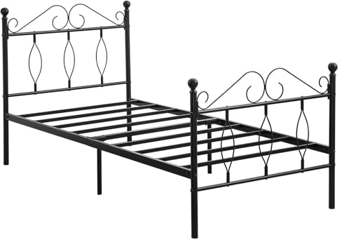 FurnitureR Single bed metal frame Industrial iron bed,metal bed for teenagers/adults, suitable for bedroom, student dormitory and other multiple scenes, with a unique design of the headboard, Black