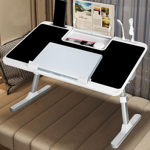 Laptop skrivbord USB-sängbord, justerbar höjd och vinkel laptopbricka, vikbart laptopstativ med USB-laddningsport, bokstativ och låda, kortplats, bärbar för att äta läsning arbete camping