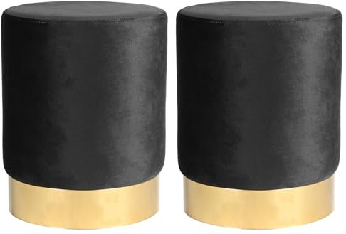 Harbour Housewares Velvet Round Foot Stools - Black with Gold Base - Pack of 2 - Small Modern Dressing Table Pouffe Footstool Vanity Seats Vanity Chairs Footstools for Living Room, Bedroom