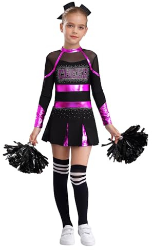 HULIJA Kinder Mädchen Cheer Leader Kleid Langarm Cheerleading Uniform mit Pompoms + Socken + Kopfschmuck Cheer Outfits Set Karneval Cosplay