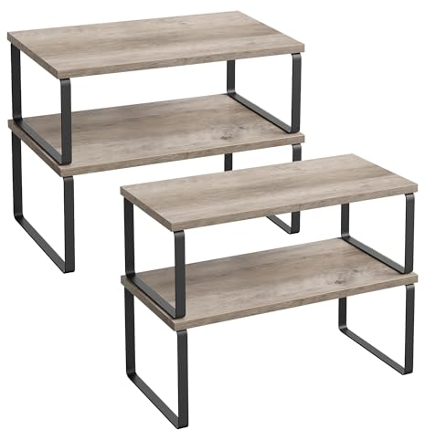 SONGMICS Gewürzregal, 4er Set, Küchenregal, Küchen-Organizer, erweiterbar, Gewürzhalter, stapelbar, mit Metallrahmen, 19,5 x 39,7 x 15,8 cm, tintenschwarz-greige meliert KCS022X02