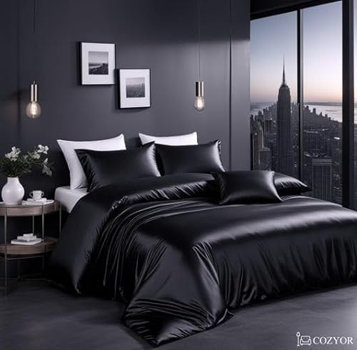 Cozyor Satin Bettwäsche 155x220 extra dick und weich mit robustem Reißverschluss 2X Kissenbezug 80x80 cm, edles Satin 3-teilig, schwarz Eclipse