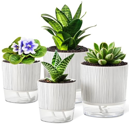Lot de 4 pots à arrosage automatique de 10,9 cm + 14 cm pour plantes d'intérieur – Pot de fleurs avec corde de mèche et réservoir pour violette africaine, plante araignée, orchidée
