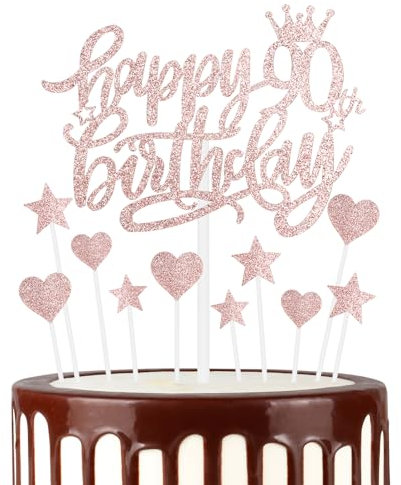 Happy 90th Birthday Cake Toppers, Rose Gold Cake Cupcake Toppers for Cake, Glitter Heart Stars Cake Toppers, Birthday Gift, Personalised Cake Toppers for Women Girls 90th Birthday Cake Decorations