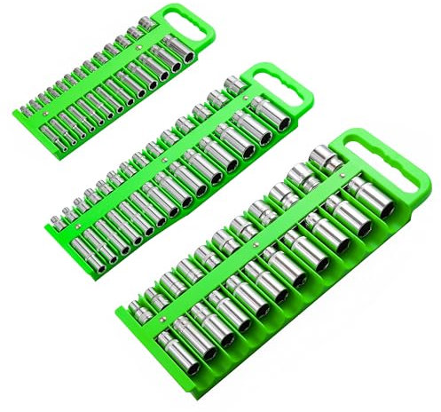 Reniteco Magnetic Socket Organizer Set, 3-Piece Green Portable Magnetic Socket Holder Tray, Heavy Duty Socket Racks For 1/2-inch& 3/8-inch& 1/4-inch Drive, Hold 76 Sockets - Fit Shallow&Deep Sockets