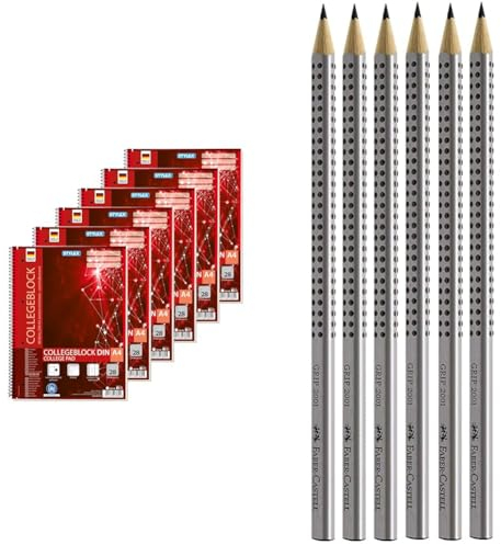 Stylex 43889-P6 - Collegeblock mit Spiralbindung, kariert, DIN A4, 80 Blatt mit 60 g/m² Grammatur, 6 Stück & Faber-Castell 117697-6 Bleistifte GRIP 2001, Härtegrad: HB, Schaftfarbe: silber