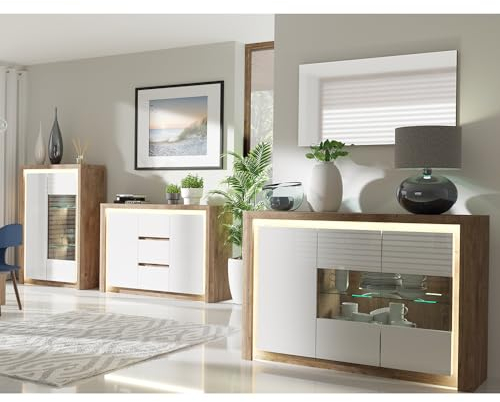 Lomadox Wohnwand Set 4-teilig mit Spiegel 2X Vitrinenschrank Kommode Sideboard Wohnzimmermöbel Schrank modern in Eiche mit weiß